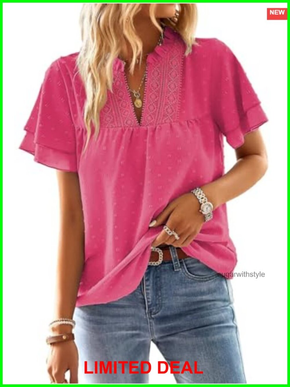 Womens V Neck Crochet Lace Swiss Dots Butterfly Sleeve Blouse Top